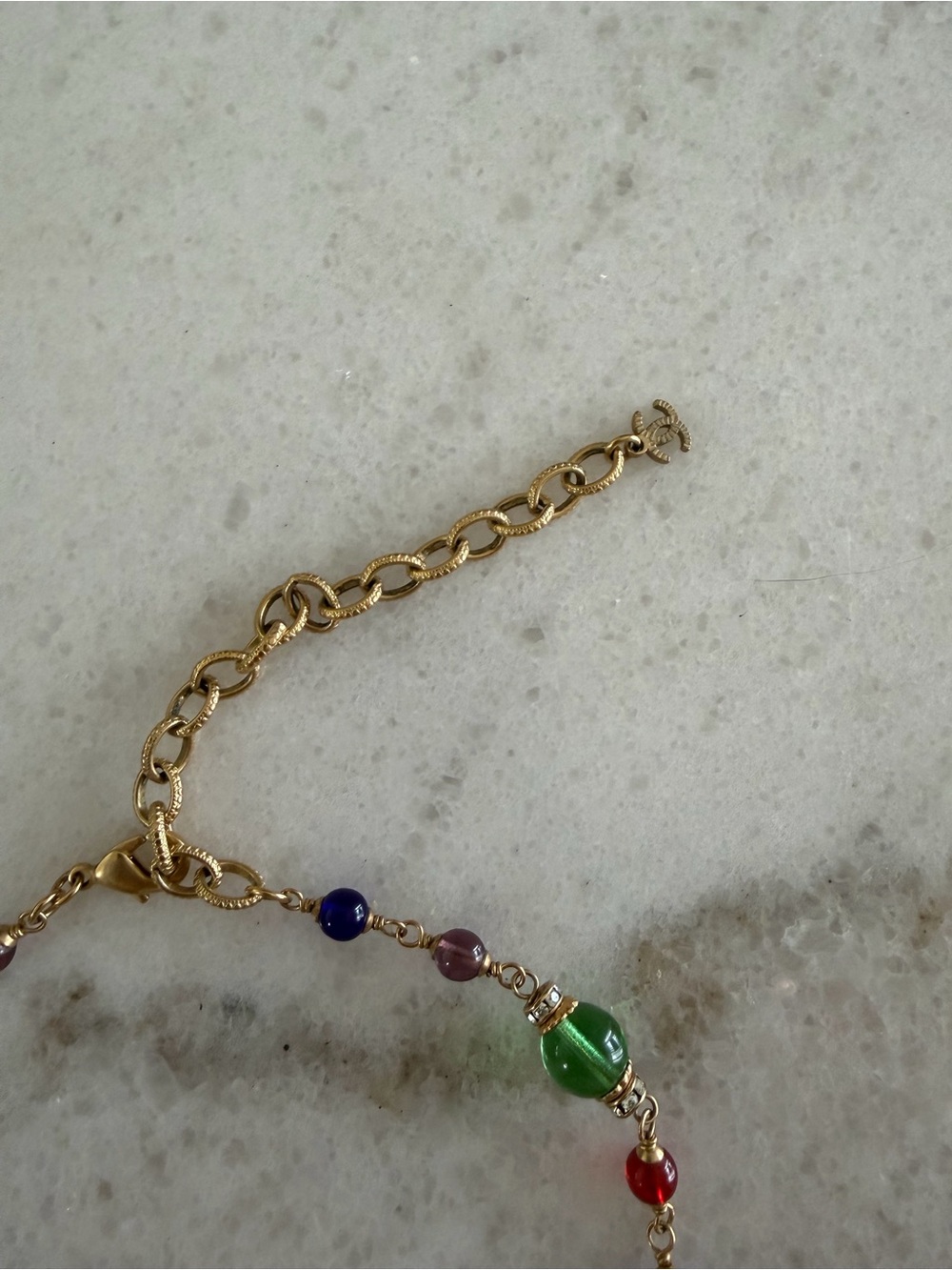 CHANEL Gold-Tone Multicolor Beaded Necklace with Interlocking CC Charm - Picture 5 of 11